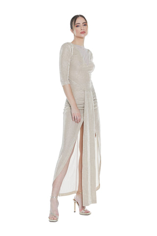 Abito GHERAD lungo man.3/4 con tulle più pannello davanti più arricci più catena glitter