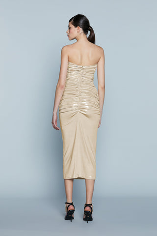 Abito TROPICA Midi Fascia Cut-Out con Arricci più Nodo Spalmato Lurex