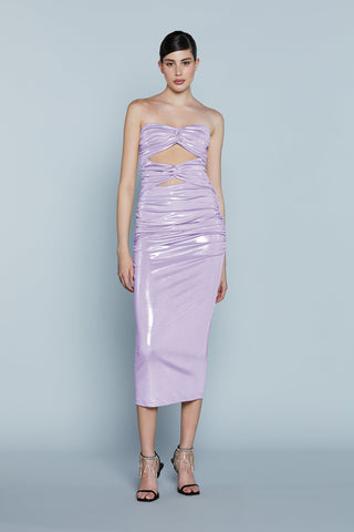 Abito TROPICA Midi Fascia Cut-Out con Arricci più Nodo Spalmato Lurex