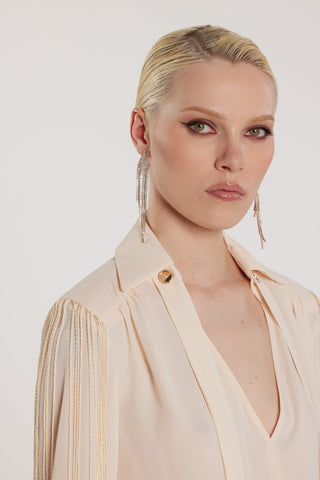 Blusa FLAPS scollo a V maniche lunghe più fusciacca più frange