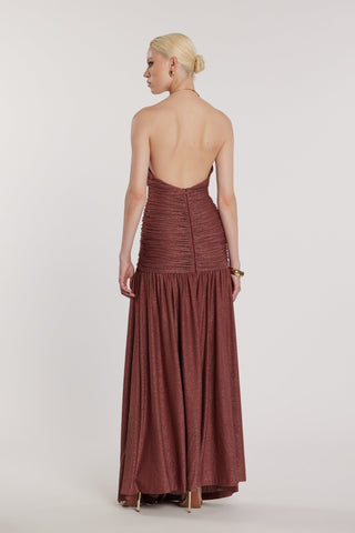 Abito GARKO lungo scollo a V profondo più spacco più arricciatura più accessorio collana lurex