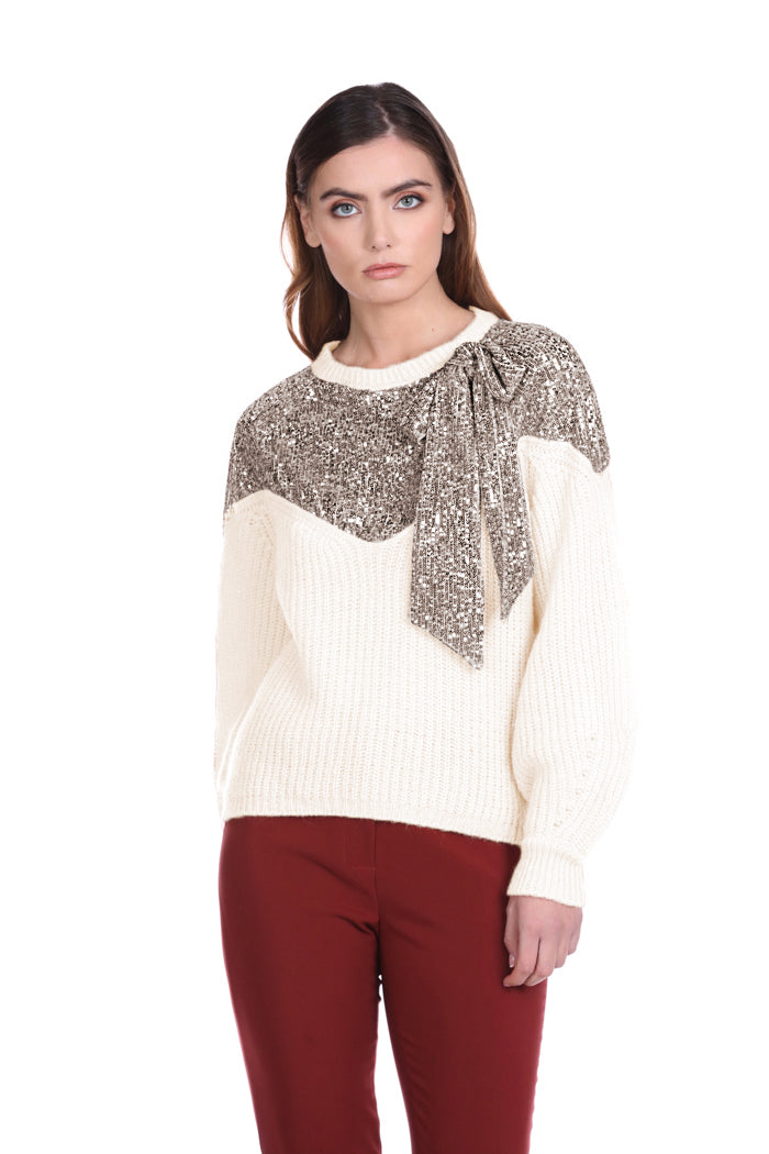 Maglia ROSLYND manica lunga palloncino con inserto paillettes più fiocco