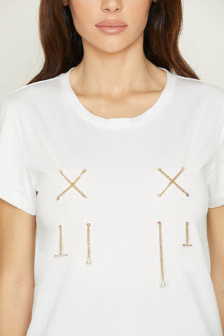 T-shirt VICARIO mezza manica con ricamo anelli più catene più perle