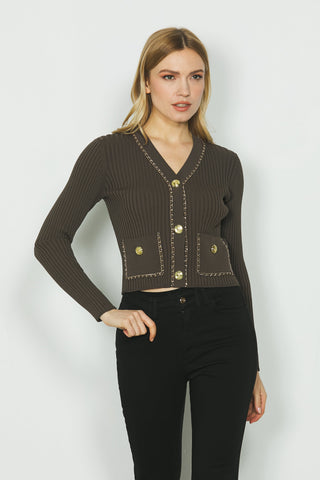 Cardigan AMELIA manica lunga con tasche più profili catena costina