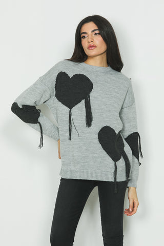 Maglia SHELLEY manica lunga con jacquard cuori più frange