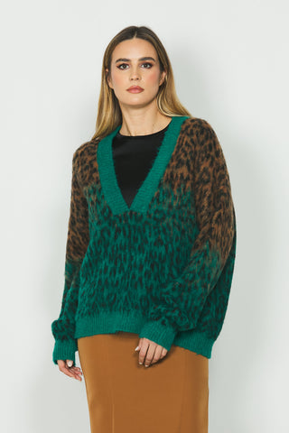 Maglia LORELLA manica lunga scollo v over con jacquard animalier