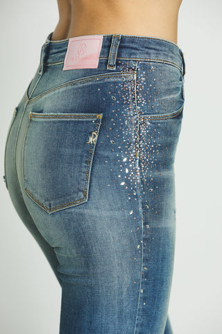 Panta KATE_22 v.alta 5ts con strass più ricamo più micro rotture Slim fit in blue denim