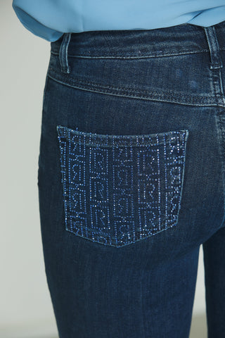 Panta SCHIFFER_23 vita media 5ts con strass retro flaire fit in blue denim