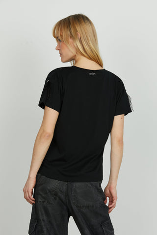 T-shirt PLUME mezza manica con piume più pietre