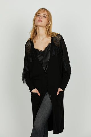 Cardigan PERLITA lungo manica lunga con inserti rete più pizzo
