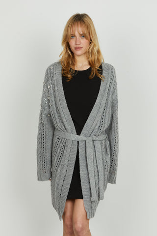 Cardigan ANDRO manica lunga con cintura più lavorazione trecce più applicazione pietre