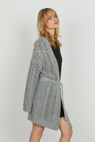 Cardigan ANDRO manica lunga con cintura più lavorazione trecce più applicazione pietre