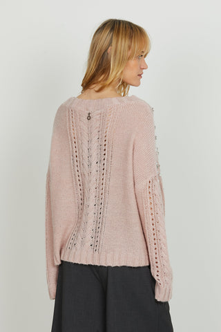 Maglia SERIFO manica lunga over con lavorazione trecce più applicazione pietre