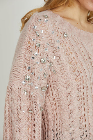 Maglia SERIFO manica lunga over con lavorazione trecce più applicazione pietre