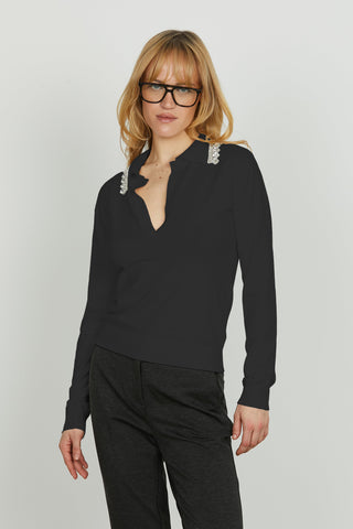Maglia NIHOA manica lunga scollo v con colletto più applicazione strass