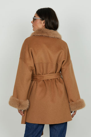 Cappotto VEXAT manica lunga doppio petto con bordi ecopelliccia più tasche più cintura