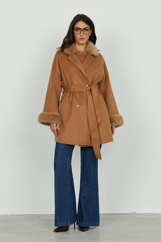 Cappotto VEXAT manica lunga doppio petto con bordi ecopelliccia più tasche più cintura