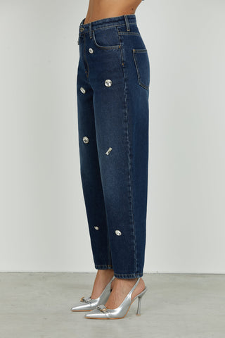 Panta CARLA_23 vita media 4 tasche con pietre strass baggy fit blue denim