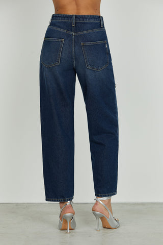 Panta CARLA_23 vita media 4 tasche con pietre strass baggy fit blue denim