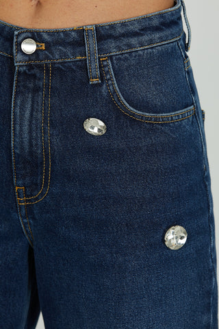 Panta CARLA_23 vita media 4 tasche con pietre strass baggy fit blue denim