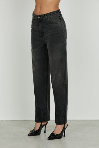 Panta CARLA_31 vita media 4 tasche con strass fondo baggy fit denim black