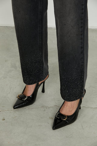 Panta CARLA_31 vita media 4 tasche con strass fondo baggy fit denim black