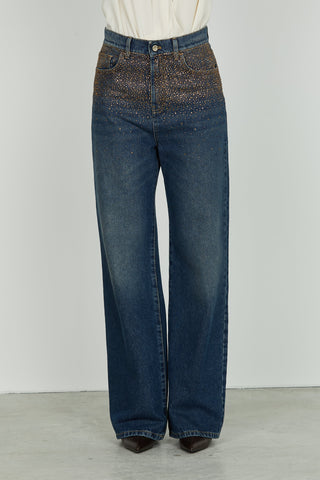 Panta GISELLE_22 vita media 5 tasche con strass loose fit denim blue