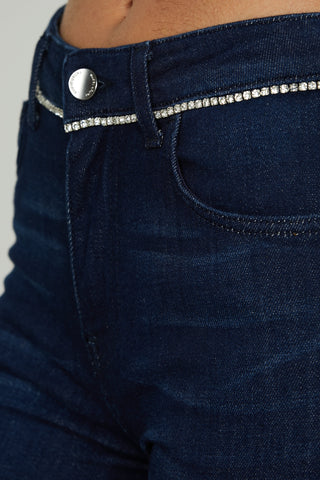 Panta SCHIFFER_29 vita media 5 ts con piping strass flaire fit denim blue