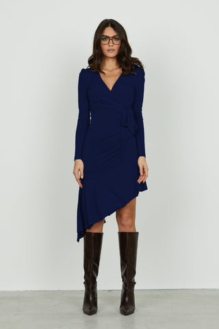 Abito ELITS midi manica lunga scollo incrocio con fusciacca più pieghe asimmetrico