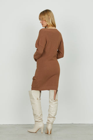 Abito ANAFI corto manica lunga scollo v con tasche più cinturini ecopelle