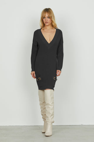 Abito ANAFI corto manica lunga scollo v con tasche più cinturini ecopelle