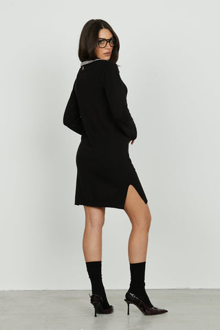 Abito CERRYS corto manica lunga scollo v con colletto più applicazione strass più perline