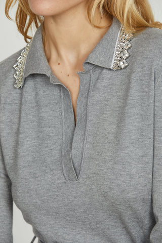 Abito MAUI corto manica lunga scollo v con colletto più applicazione strass più cintura