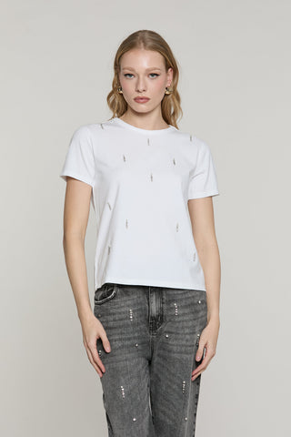 T-shirt CREW mezza manica con applicazione pioggia pietre più perle