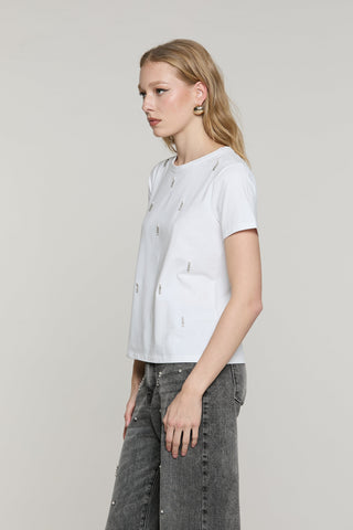 T-shirt CREW mezza manica con applicazione pioggia pietre più perle