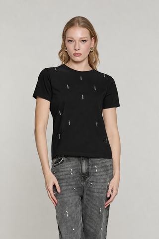 T-shirt CREW mezza manica con applicazione pioggia pietre più perle