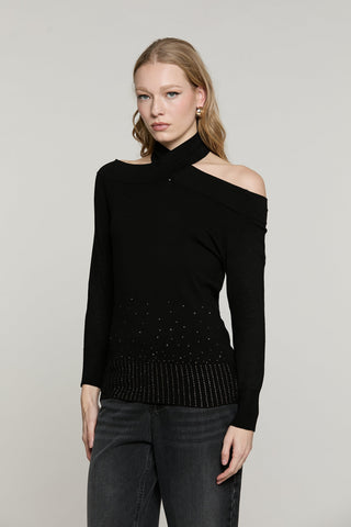 Maglia SECURAMENTE manica lunga scollo bardot con collo incrociato più strass fondo