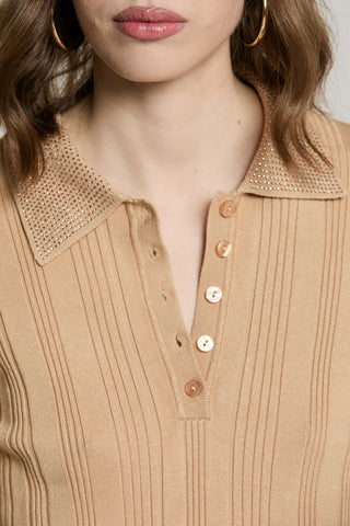 Maglia VESUS manica lunga polo con colletto strass costina