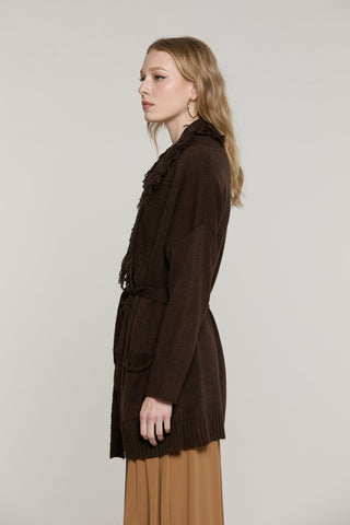 Cardigan MIKALI manica lunga lungo con cintura più tasche Frange