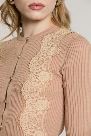 Cardigan SUNNY manica 3/4 girocollo con bottoni crystal più inserti pizzo costina