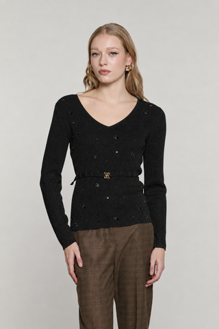 Maglia TABOO manica lunga scollo a V con paillettes più castoni più cintura con fibbia logo lurex