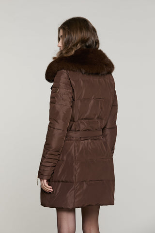 Piumino CUNY lungo manica lunga con zip più collo ecopelliccia staccabile più cintura