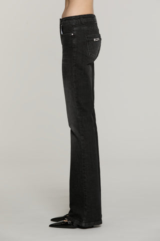 Pantalone SCHIFFER_BLACK v.media 5 ts flaire fit con logo strass tasche denim