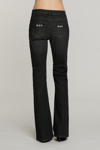 Pantalone SCHIFFER_BLACK v.media 5 ts flaire fit con logo strass tasche denim