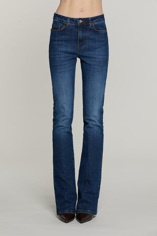 Pantalone SCHIFFER_BLUE v.media 5 ts flaire fit con logo strass tasche denim
