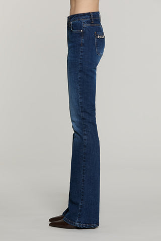 Pantalone SCHIFFER_BLUE v.media 5 ts flaire fit con logo strass tasche denim