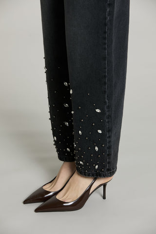 Panta CARLA_BLACK v.media baggy fit con castoni più pietre più perline denim black