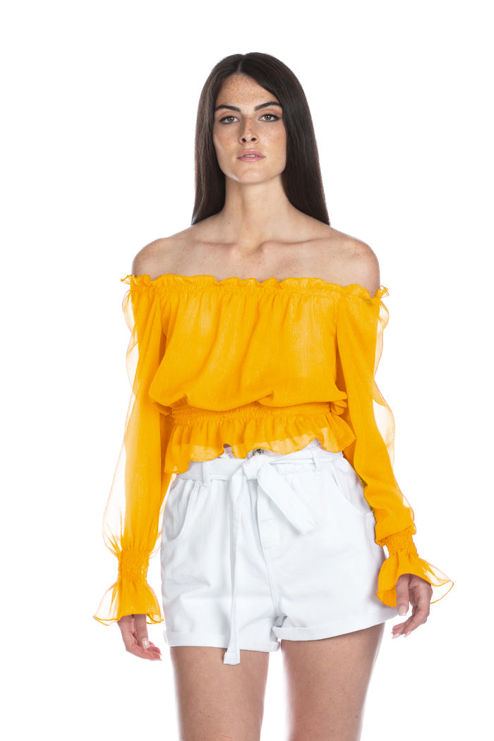 Blusa MONSERRATE_BIS corta manica lunga con punto smok più arricci con lurex