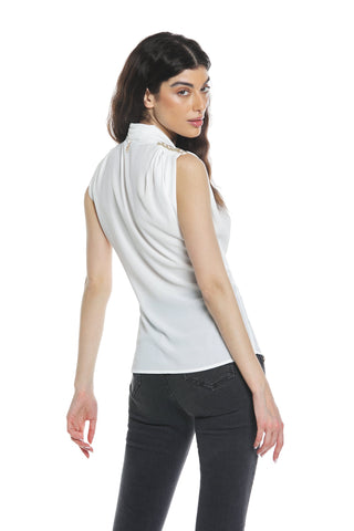 Blusa RUWAYD mezza manica aletta scollo incrocio con pieghe più applicazioni spalle