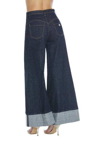 Panta SIGGY vita alta con dettagli impunture gamba palazzo denim blu